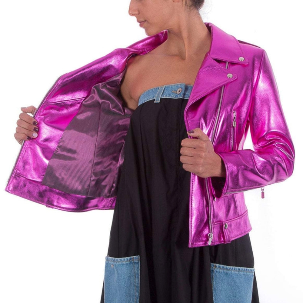 7 For All Mankind NWT Metallic Hot Magenta Pink Moto Jacket - Picture 2 of 12